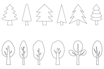 Collection of Tree and Forest Related Line Icons. Editable Stroke for Design, Web Sites, Apps, Cards.  Set includes icons as modern tree decoration with star, new year tree with garland and eps 10