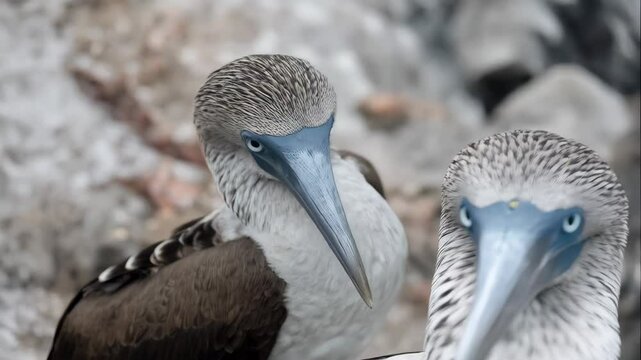 Close-up of two blue-footed boobies on a rocky outcrop, featuring their distinctive blue feet and patterned plumage in a natural environment.