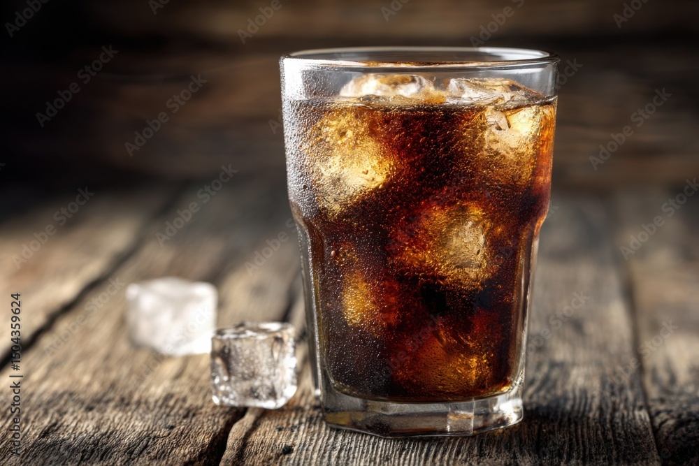 Poster refreshing cola with ice cubes on rustic wood table, representing summer indulgence and beverage adv