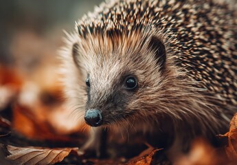 Close-Up of a Hedgehog in Autumn Leaves, Showcasing Wildlife Conservation and Environmental Awareness in Nature Photography : Generative AI