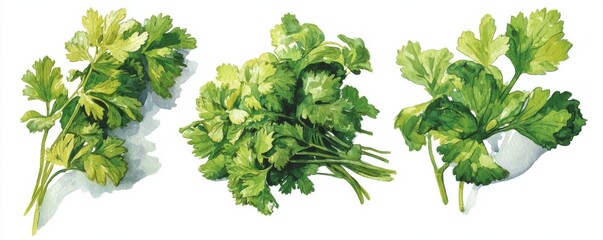 Obraz premium Watercolor Painting of Fresh Cilantro Sprigs on White, Illustrating Culinary Arts and Healthy Eating, Perfect for Recipe Illustrations and Food Blog Design : Generative AI