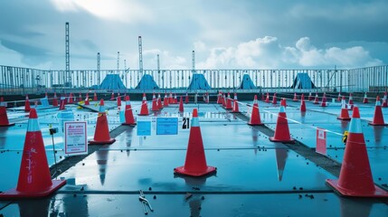 Vibrant construction zone with bright traffic cones and reflective surface beneath overcast sky
