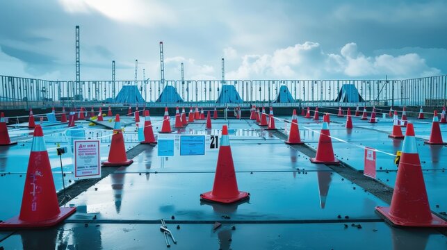 Vibrant construction zone with bright traffic cones and reflective surface beneath overcast sky