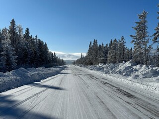 Winter scene of a snowy road with frosted trees under a bright, clear blue sky in north Sweden.
