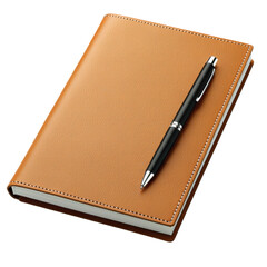 isolated transparent Background. Classic leather notebook with pen on top, perfect for writing and note taking