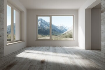 Fototapeta premium Bright Empty Room Overlooking Snow Capped Mountains, Ideal for Interior Design Mockups and Real Estate Marketing Campaigns, Showcasing Serenity and Space : Generative AI