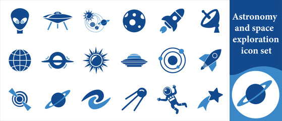 Astronomy and space exploration icon set, science, silhouette, flight, isolated, booster, speed, satellite, set, relay, cosmic, transportation, icon, artificial, radar, discovery, universe and more