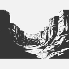 Grand canyon landscape river rocks clouds monochrome scenic nature illustration vector art design silhouette