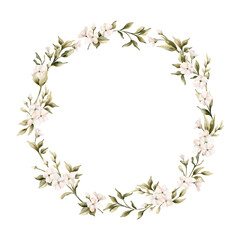 White small flowers with leaves wreath. Jasmine, orange, apple blossom. Watercolor cute floral isolated illustration