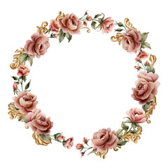 Roses with golden decorative vintage ornaments Wreath. Watercolor hand painted floral isolated illustration wedding