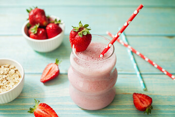 Creamy strawberry smoothie blended with wholesome oats - a nourishing combination of fruity flavor...