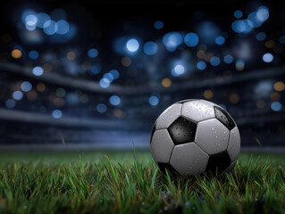 Fototapeta premium Soccer ball resting on lush green grass, glistening with droplets, illuminated by stadium lights, creating an atmosphere of excitement and anticipation for the game ahead