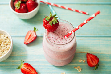 Creamy strawberry smoothie blended with wholesome oats - a nourishing combination of fruity flavor...