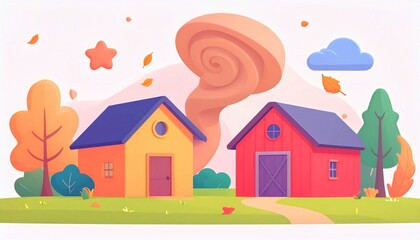 Autumn Storm Approaching Rural Houses Whirlwind Illustration