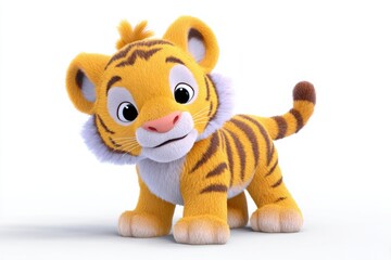 Cute Cartoon Tiger Cub on White Background, Symbolizing Childhood Wonder and Playful Imagination for Children's Products : Generative AI