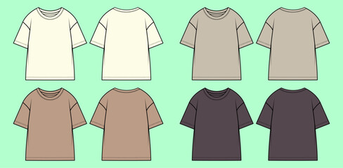 Women round neck short sleeve drop shoulder t-shirt bundle technical drawing fashion flat sketch vector illustration template front and back views outline CAD mockup