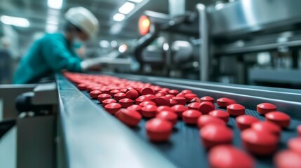 Obraz premium Workers operating machinery inside pharmaceutical production line, GMP certified facility,