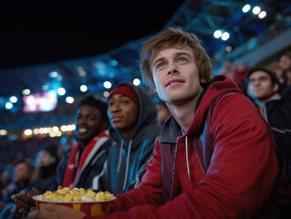 Young man enjoying popcorn at a lively sports event, surrounded by friends in warm jackets, capturing the excitement and camaraderie of the game atmosphere