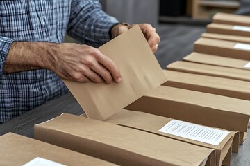 Worker meticulously packing cardboard boxes for e-commerce shipment, a vital step for ensuring positive customer feedback and satisfaction.