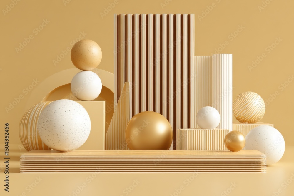 Poster abstract geometric shapes in beige and gold, ideal for minimalist design and modern branding, repres