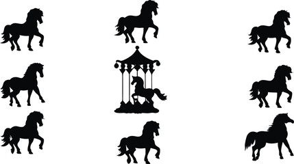 Fototapeta premium Carousel Horses Silhouettes Arranged Around a Central Carousel on White Background