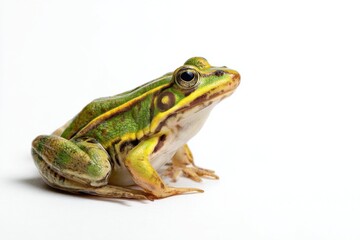 Naklejka premium Green Frog Sitting on White Surface in Studio Shot, Representing Wildlife Conservation and Amphibian Awareness : Generative AI