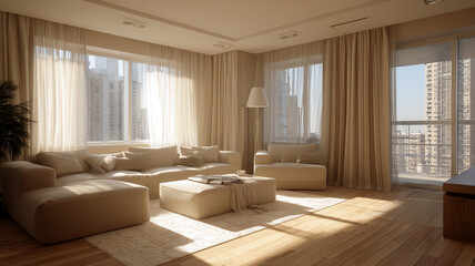 Cozy modern living room with sunlight streaming through curtains, creating a comfortable ambiance