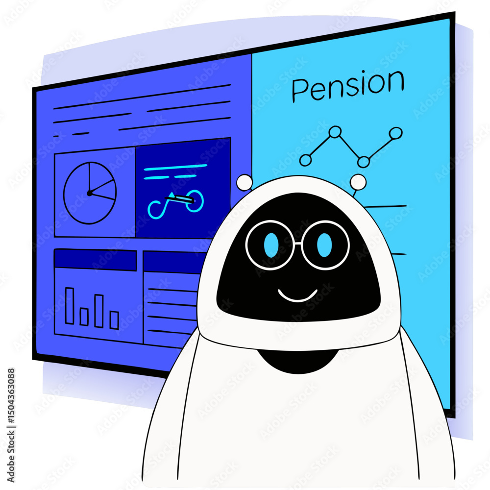 Poster banking robot explaining pension options, cheerful expression, presenting data on a blue background 
