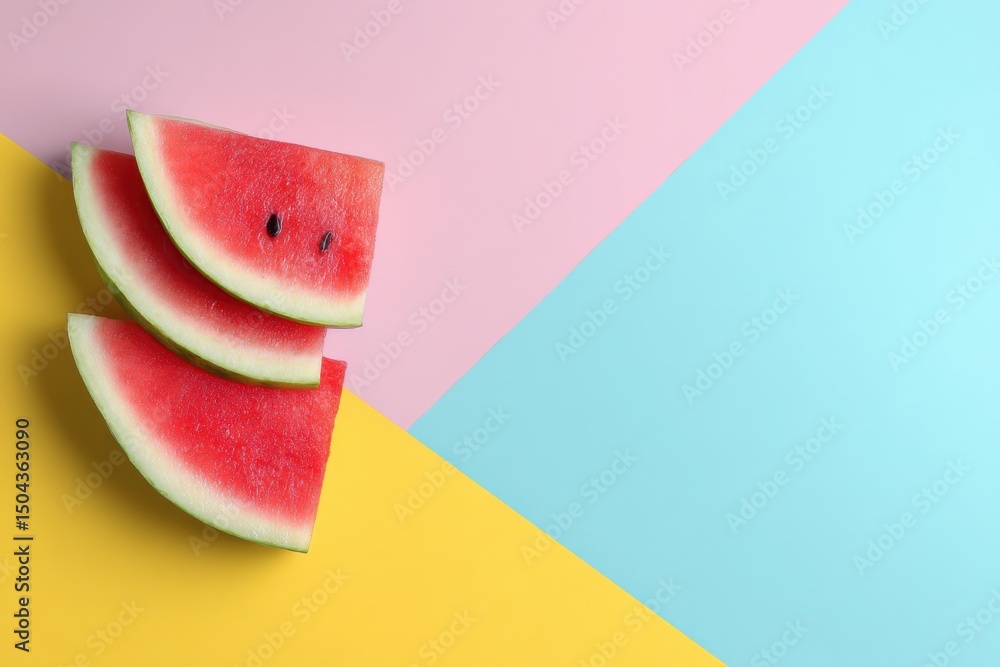 Poster three watermelon slices stacked on geometric pastel background, representing refreshment and summer 