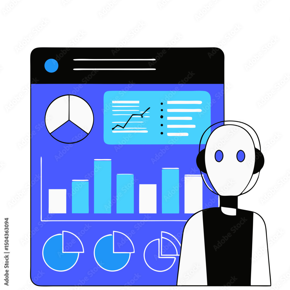 Aufkleber ai assistant with kpi dashboard, neutral expression, presenting data on a blue background