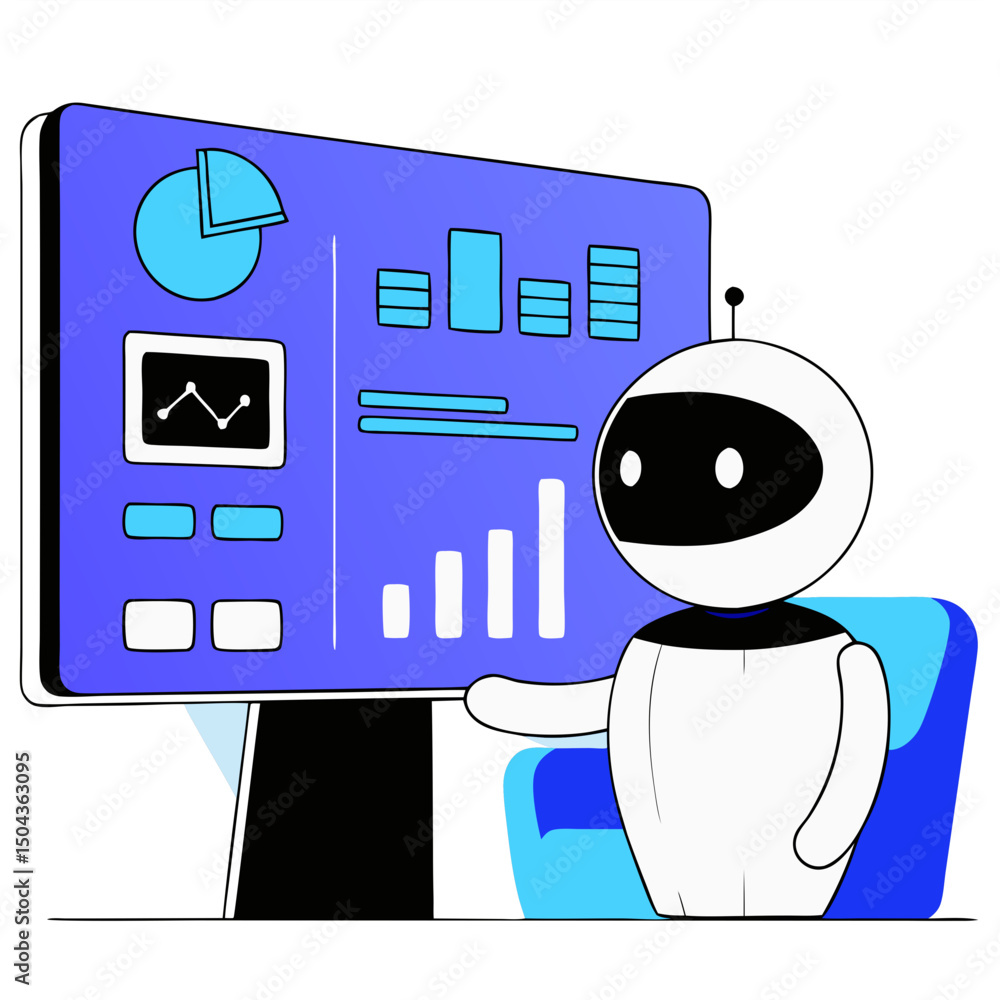 Poster ai assistant with kpi dashboard, cheerful expression, interacting with data on a blue background - 2
