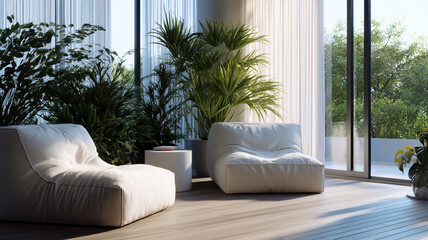 Natural and modern interior design, comfortable furniture perfectly integrated with green plant walls