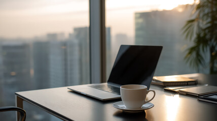 Serene morning, coffee and laptop on the desk, city view outside the window