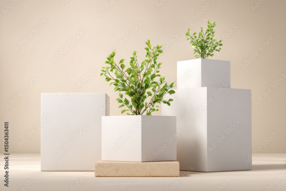 Poster green potted plants on white cubes against beige background, symbolizing growth and sustainable busi