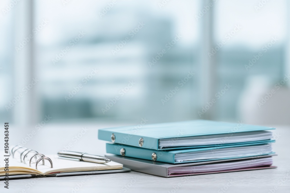 Poster stack of pastel colored notebooks with pen and notepad on desk, representing productivity and organi