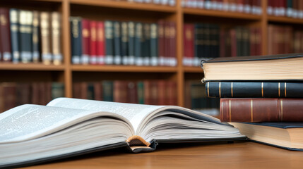 Fototapeta premium Collection of legal books and open reference material on wooden table, showcasing knowledge and research in scholarly environment