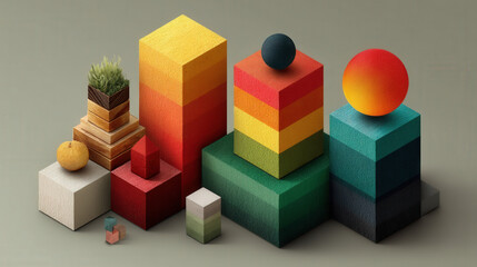 Obraz premium Colorful geometric shapes and blocks are arranged artistic composition featuring cubes spheres and pyramid. vibrant colors include shades of red orange green and blue creating visually striking