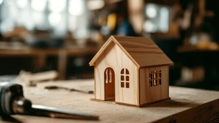 Wooden house model on workbench with woodworking tools in workshop, showcasing craftsmanship, carpentry, and construction in warm, creative craft environment