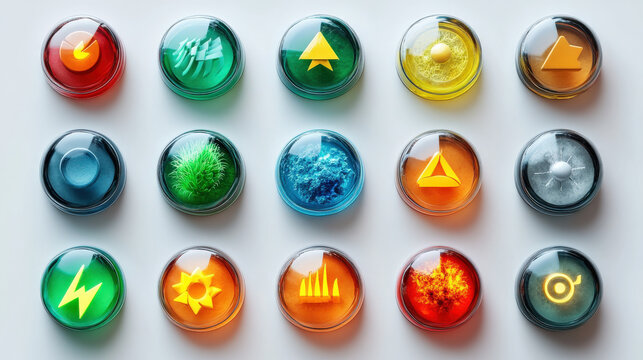 Colorful circular icons with various symbols are arranged grid white background, each representing different concepts like energy, nature, and technology. vibrant colors and glossy finish create