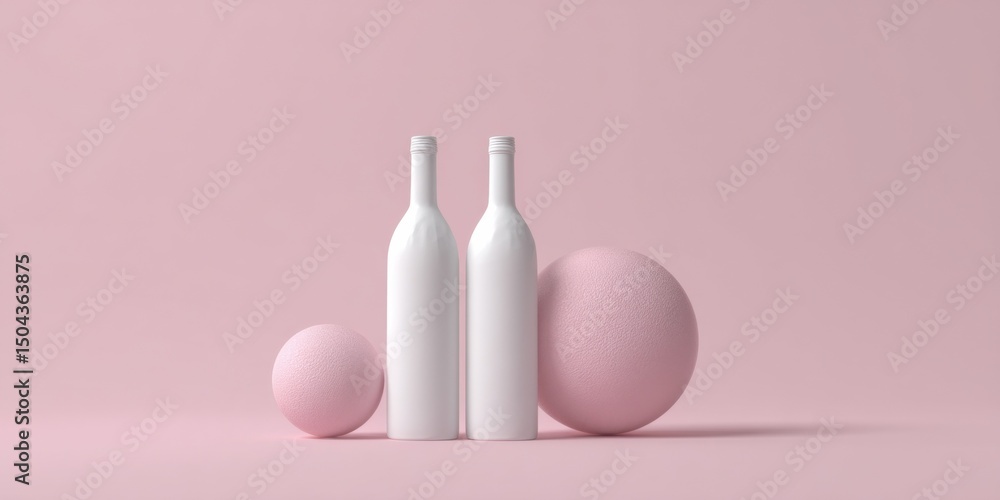 Aufkleber Minimalist Still Life With Two White Bottles and Pink Spheres, Promoting Simplicity and Product Presentation : Generative AI