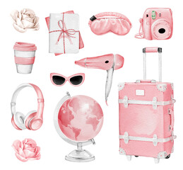 Pink Travel Essentials Watercolor Clipart Set