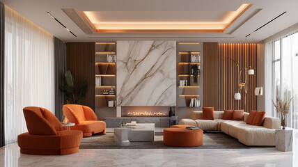 Modern living room design, blending warm tones with marble elements