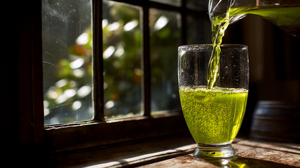 Pure green drink, nourishing body and mind, radiating healthy vitality