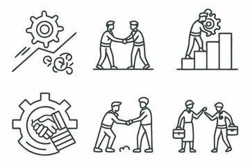 Business collaboration icons set corporate teamwork success linear pictograms