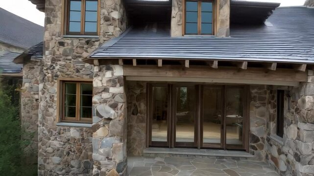 Stone house exterior showcasing sliding glass doors and flagstone patio, featuring architectural design with rustic wood trim.
