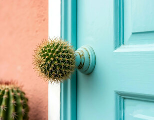 A vibrant blue door features a quirky cactus serving as its unique doorknob.