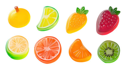  Colorful Fruit-Shaped Gummy Candies on Transparent Background