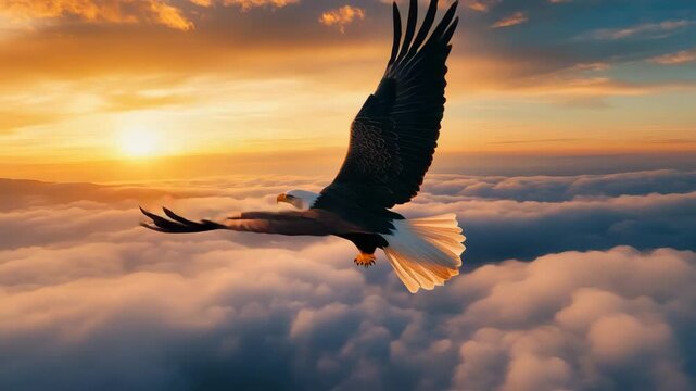 Majestic eagle soars above soft clouds at sunset with warm golden light illuminating its wings in vibrant sky, symbolizing freedom and strength in breathtaking wildlife nature flight