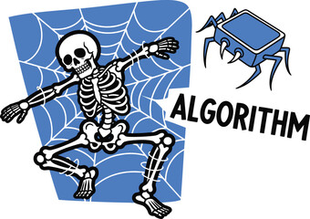 Obraz premium Skeleton Trapped by Social Media Algorithm Spider - Vector Cartoon