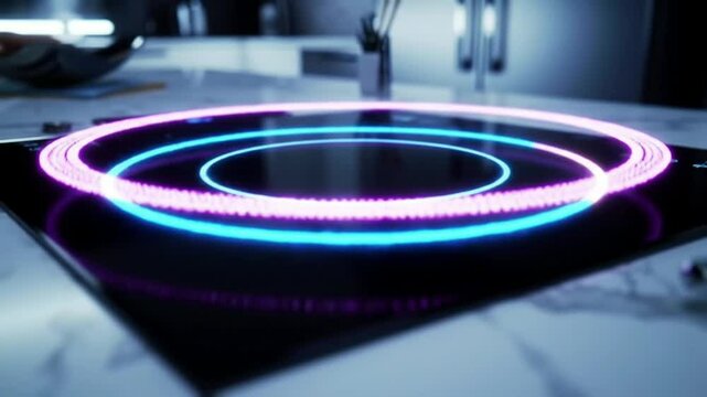 A modern induction stove with glowing circular lights for cooking.